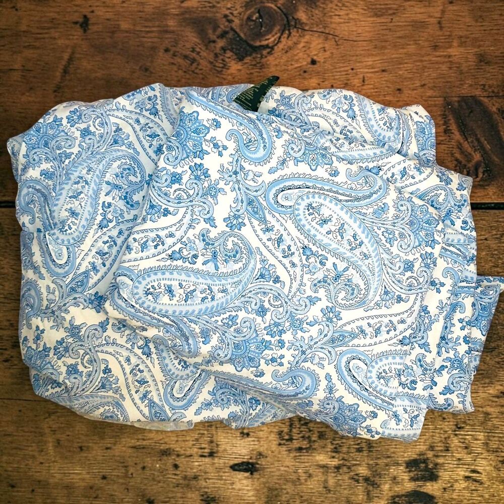 Vintage Lauren Ralph Light Blue White Paisley Twin Sheet Set Flat Fitted Cotton